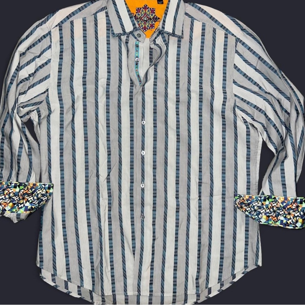 Robert Graham Mens 2XL Button Front L/S Flip Cuff Casual Shirt Grey Blue Stripe